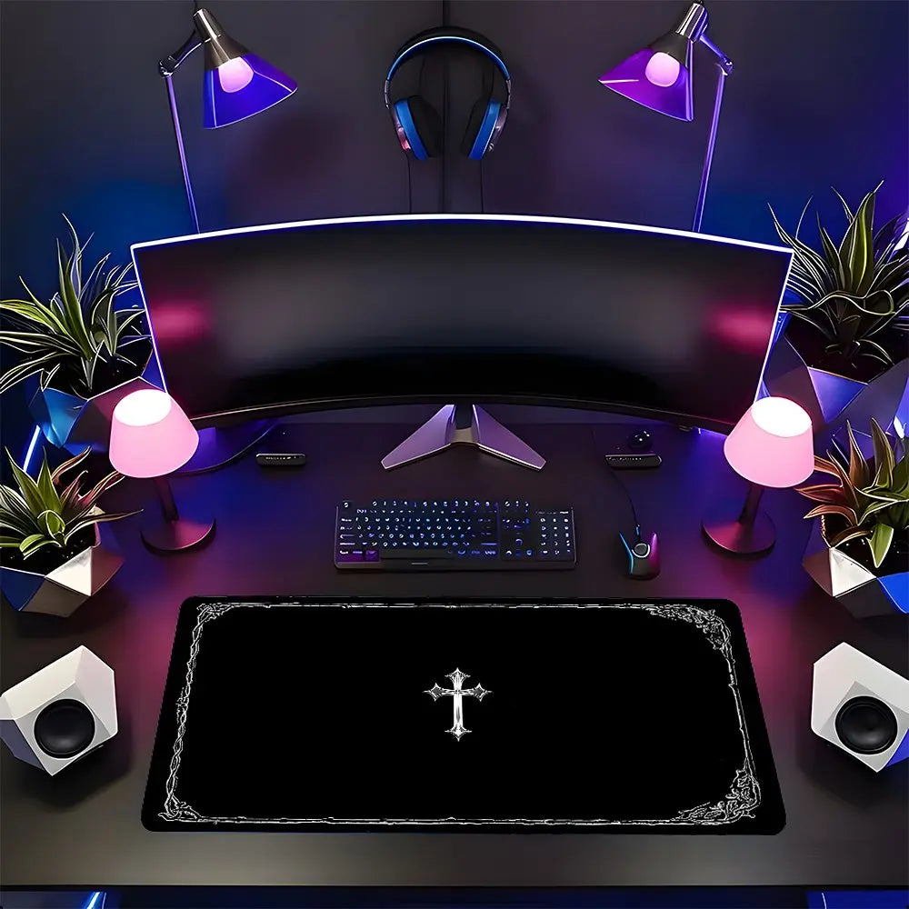 Dark Occult Cross Theme Large Extended Gaming Mouse Pad, Non-Slip Rubber Base Stitched Lock Edge, Intricate Frame Art Desk Mat, Durable PC & Laptop Accessory for Home/Office, Great Gift for Alt Aesthetic Fans, Computer Mouse Pad, Mousepad