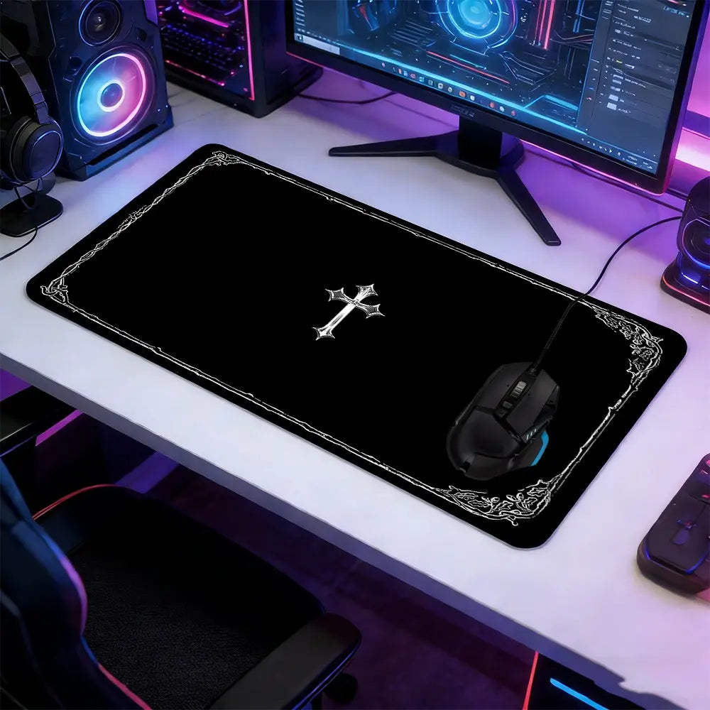 Dark Occult Cross Theme Large Extended Gaming Mouse Pad, Non-Slip Rubber Base Stitched Lock Edge, Intricate Frame Art Desk Mat, Durable PC & Laptop Accessory for Home/Office, Great Gift for Alt Aesthetic Fans, Computer Mouse Pad, Mousepad