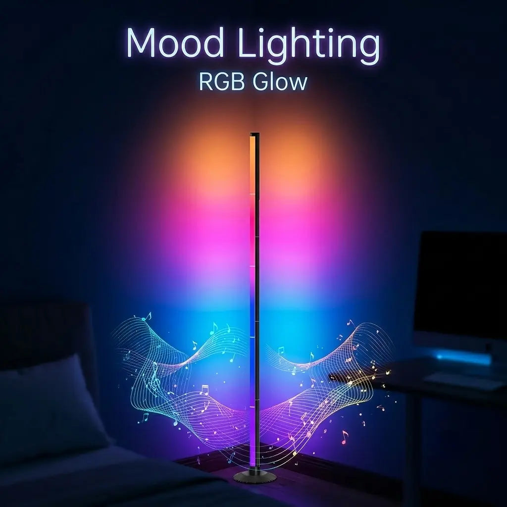 RGB Corner Floor Lamp with Music Sync, Smart LED Ambient Light with App & Remote Control for Bedroom, Gaming Room & Living Room Decor