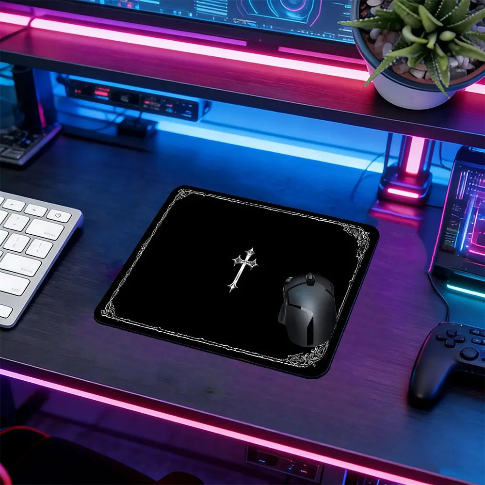 Dark Occult Cross Theme Large Extended Gaming Mouse Pad, Non-Slip Rubber Base Stitched Lock Edge, Intricate Frame Art Desk Mat, Durable PC & Laptop Accessory for Home/Office, Great Gift for Alt Aesthetic Fans, Computer Mouse Pad, Mousepad
