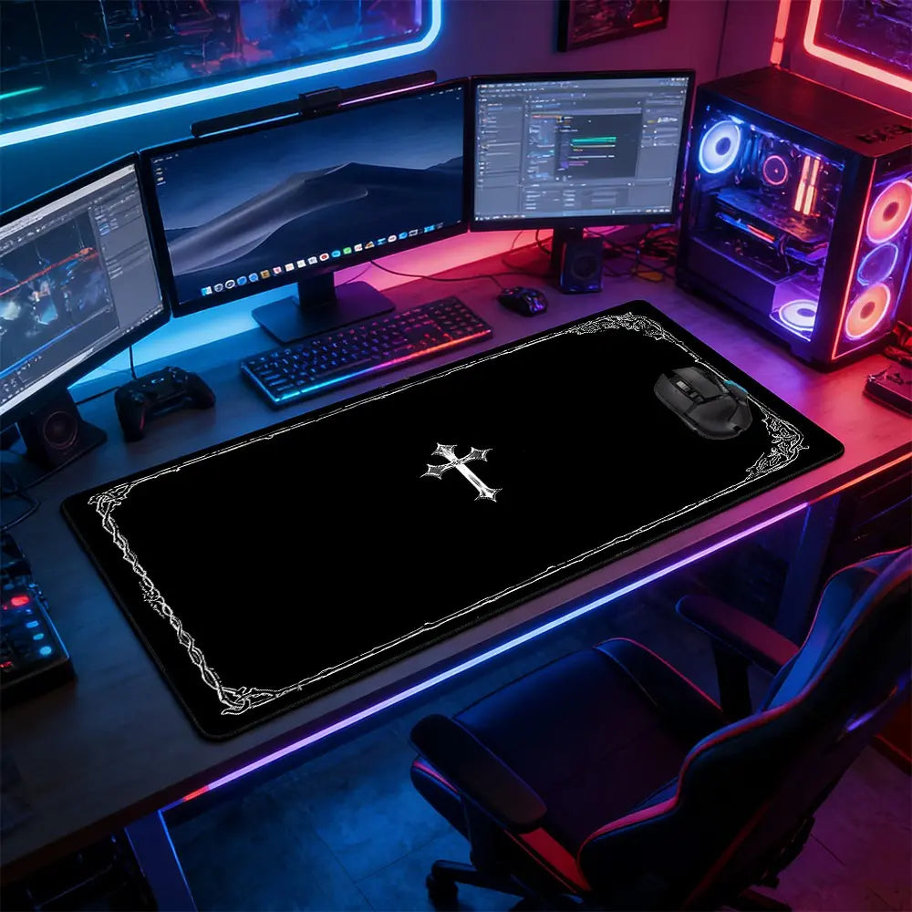 Dark Occult Cross Theme Large Extended Gaming Mouse Pad, Non-Slip Rubber Base Stitched Lock Edge, Intricate Frame Art Desk Mat, Durable PC & Laptop Accessory for Home/Office, Great Gift for Alt Aesthetic Fans, Computer Mouse Pad, Mousepad